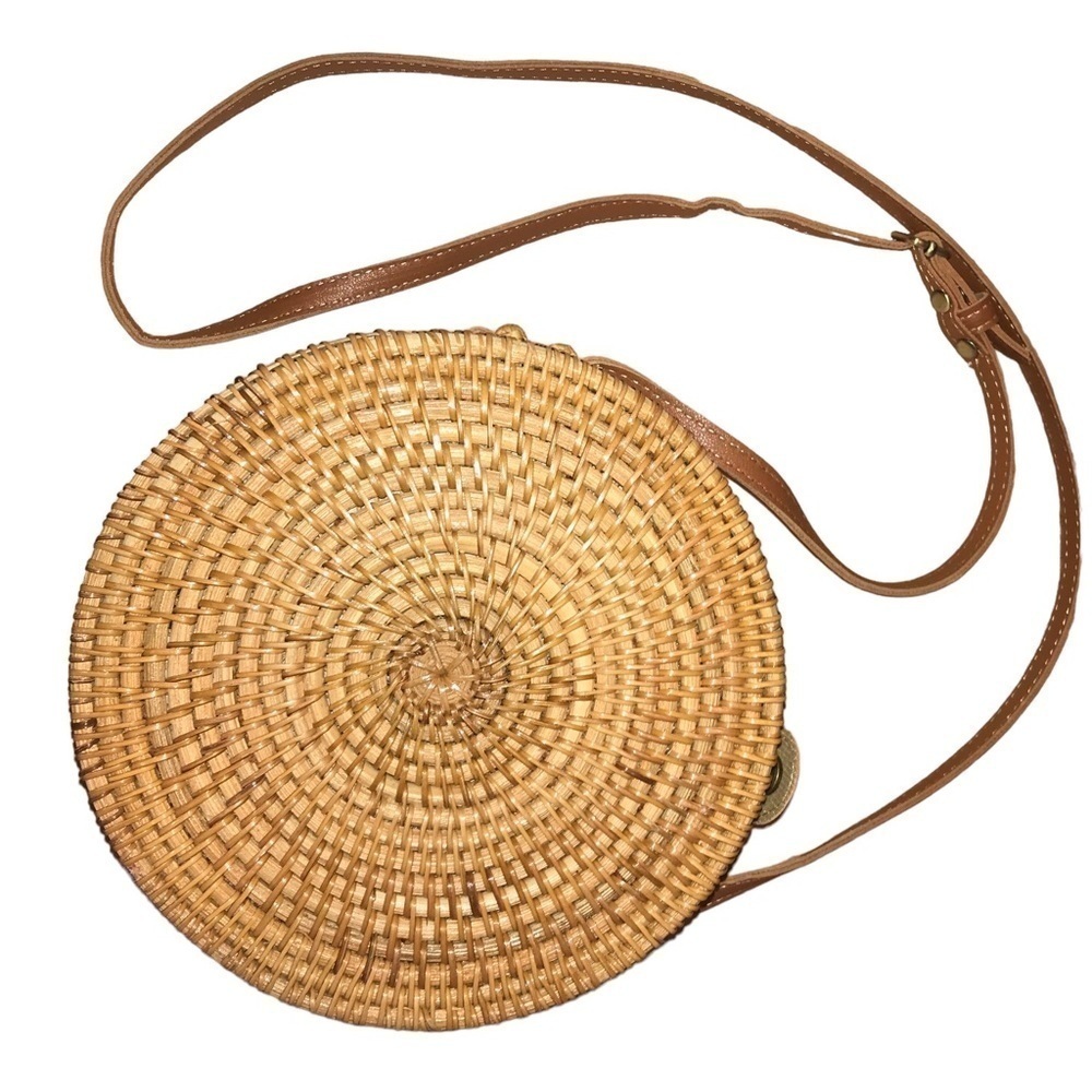 Round Basket Rattan Style Woven Shoulder Bag Leather Strap Crossbody Sho…
